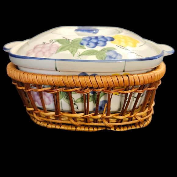 Omega Ceramic Casserole Dish w/ Lid & Wicker Basket Fruit Pattern 7" Small Chip - Picture 2 of 8